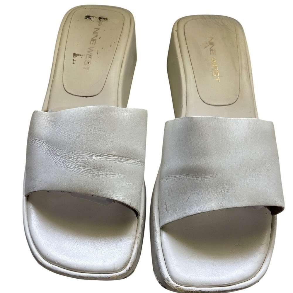 Nine West White Leather Platform Wedge Sandals Slides Size 7.5M Y2K